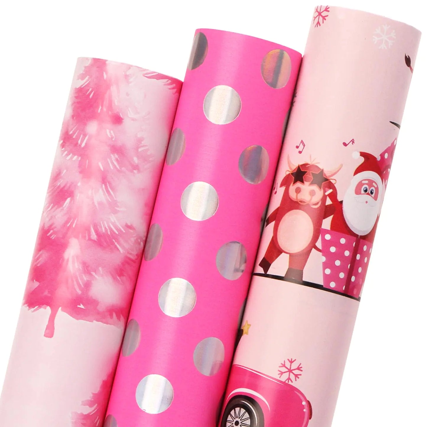 Ribbli Christmas Wrapping Paper 3 Rolls Pink Gift Wrapping Paper Rolls Mini Roll-17 Inch x 10 Feet Per roll