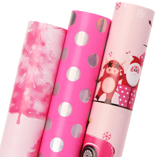 Ribbli Christmas Wrapping Paper 3 Rolls Pink Gift Wrapping Paper Rolls Mini Roll-17 Inch x 10 Feet Per roll