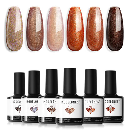 modelones Gel Nail Polish Set- 6 Colors Chameleon Nude Brown Gel Polish Set Maple leaf Orange Holographic Pearl Shimmer Glitter Gel Polish Kit Soak Off LED Nail Art Gel DIY Salon Gift