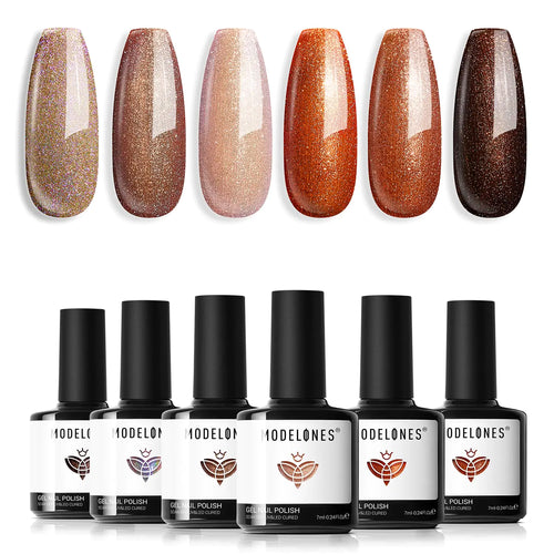 modelones Gel Nail Polish Set- 6 Colors Chameleon Nude Brown Gel Polish Set Maple leaf Orange Holographic Pearl Shimmer Glitter Gel Polish Kit Soak Off LED Nail Art Gel DIY Salon Gift