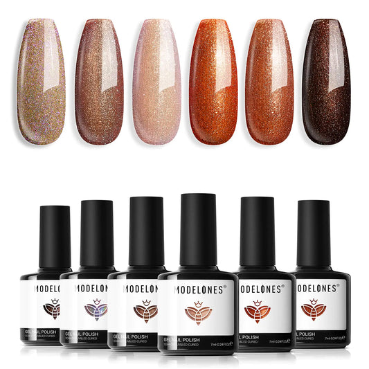 modelones Gel Nail Polish Set- 6 Colors Chameleon Nude Brown Gel Polish Set Maple leaf Orange Holographic Pearl Shimmer Glitter Gel Polish Kit Soak Off LED Nail Art Gel DIY Salon Gift
