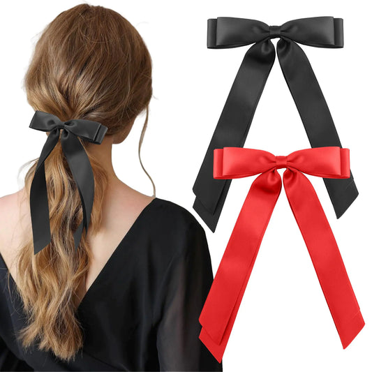 2PCS Satin Hair Clips & Ribbons Black Red Hair Accessories for Women Girls Christmas Decorative Hair Bows