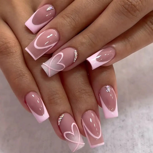 ANDGING French Tip Press on Nails Pink Square Short Medium Glue on Nails for Women Fake Nails with Bling Heart Ombre Designs Artificial Acrylic Stick on Nails Gel Manicure False Nails for Wedding