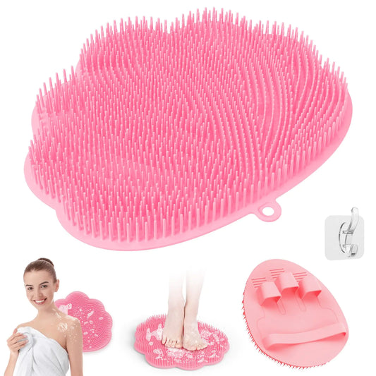 Manmihealth Upgrade Shower Foot Massager Scrubber & Bath Glove Set(2 PCS) Hands-Free Back Scrubber for Shower Wall-Mounted Shower Brush with Body & Face Scrubber and Free Adhesive Hook. (Pink)